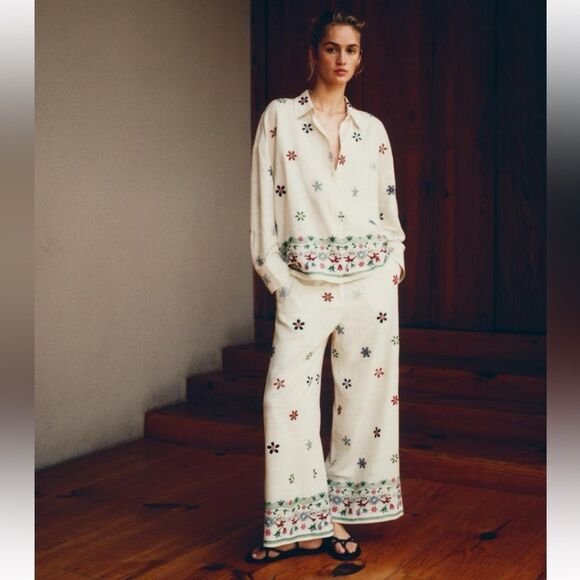 ZARA CO-ORD SET FLORAL EMBROIDERED SHIRT & CULOTTES PANTS SIZE M/L - Picture 1 of 14